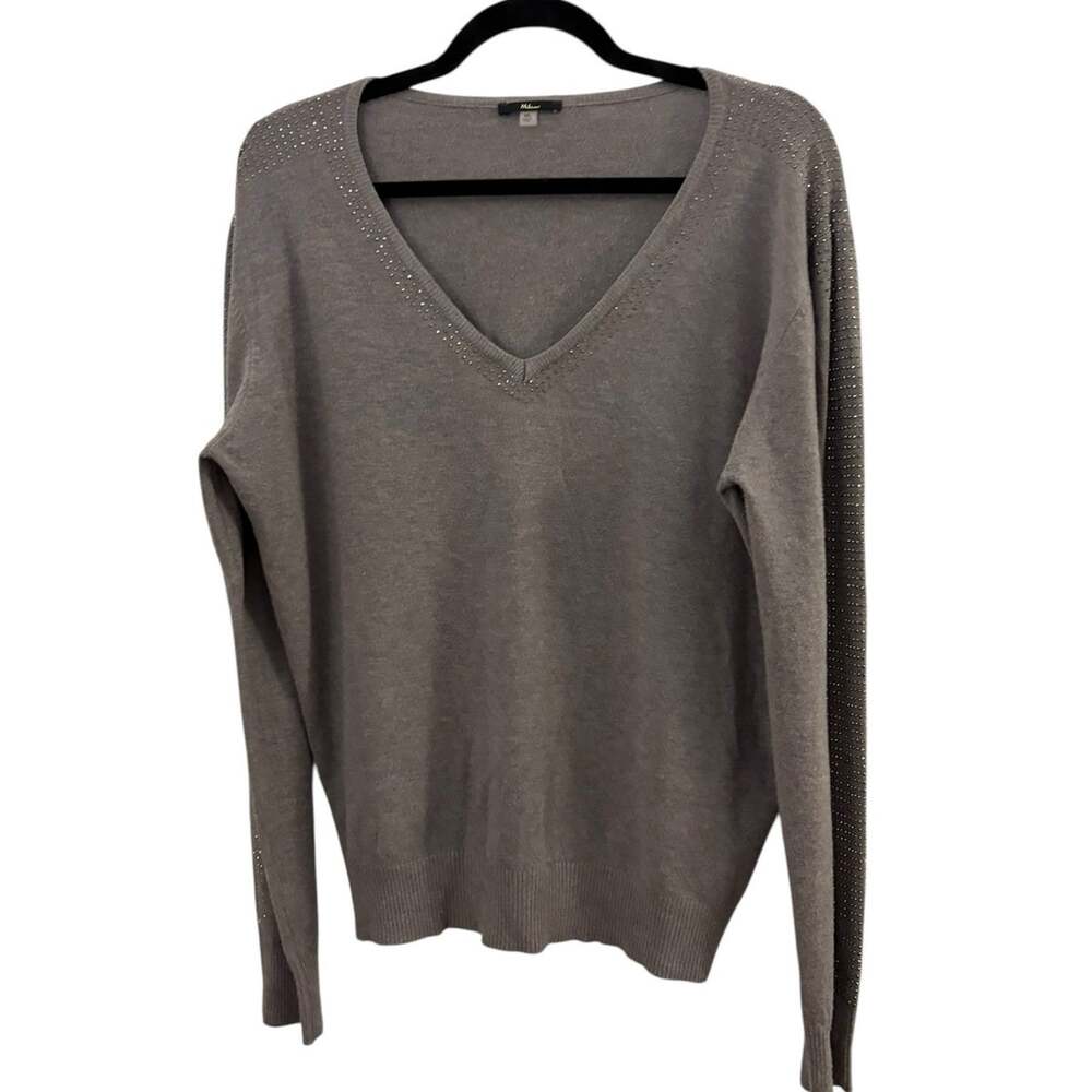 Milano Gray V-Neck Sweater Size XL Viscose Blend Sparkle Accents Neck & Sleeves